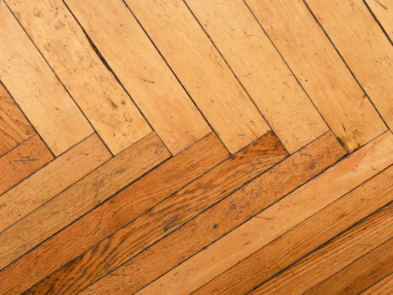 Close-up of a herringbone hardwood floor